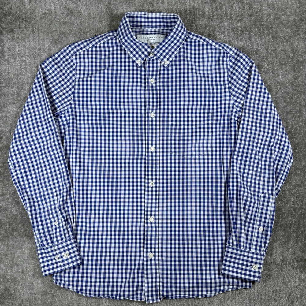 Peter Manning Shirt Men's 2 Blue Gingham Check Long Sleeve Button Down Slim Fit